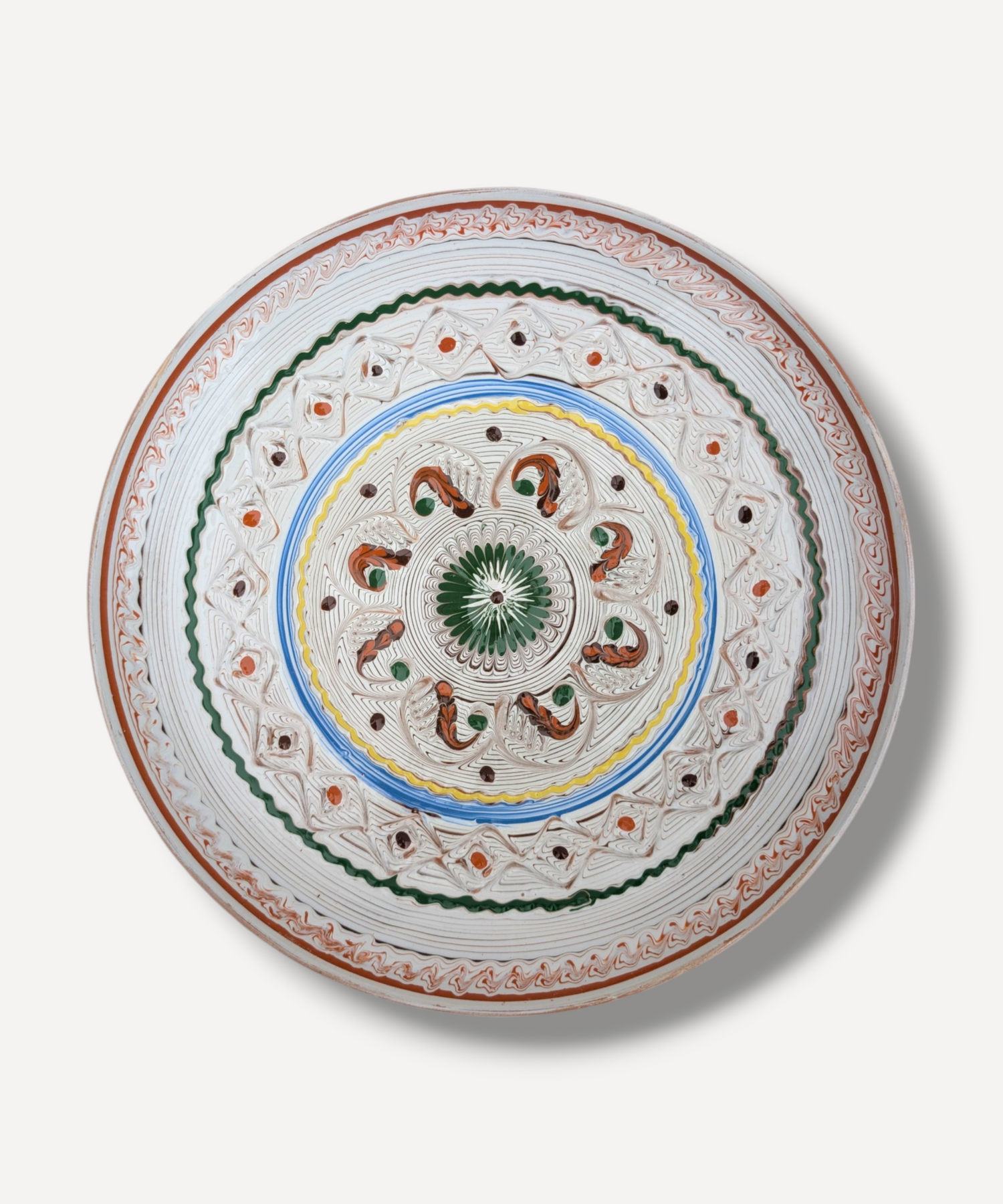 Handmade Romanian folk ceramic platter with garland motif and traditional detailing