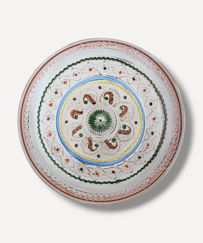 Handmade Romanian folk ceramic platter with garland motif and traditional detailing