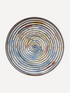 Hand decorated Romanian ceramic platter with spiral folk pattern in blue ochre and terracotta tones