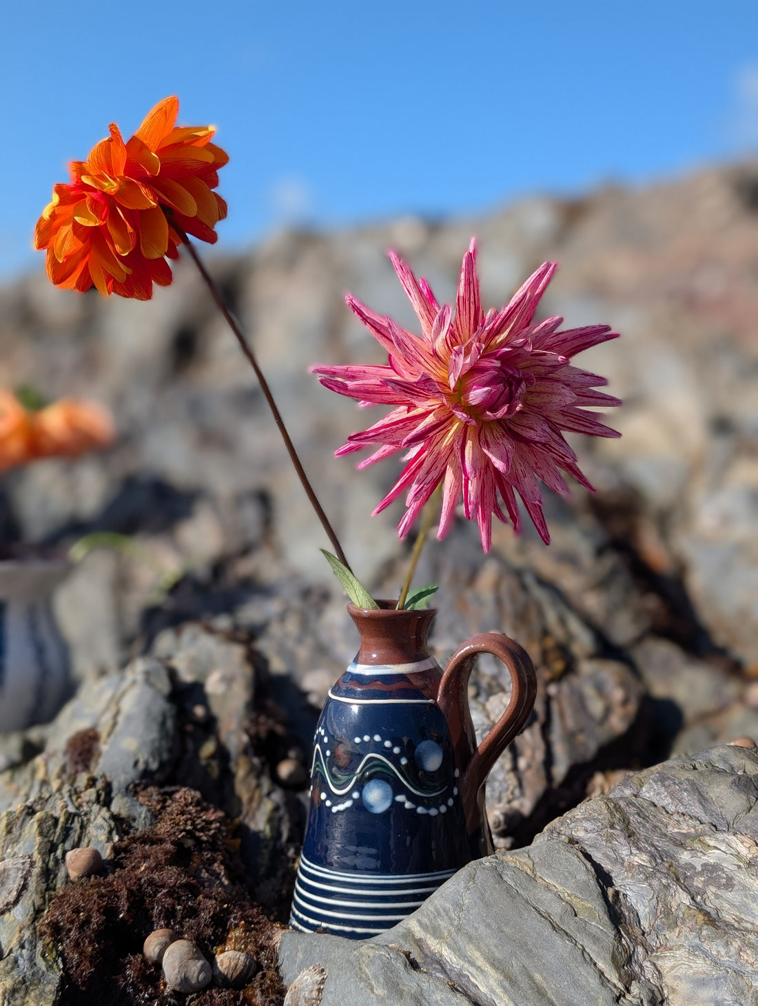 Handmade cobalt-blue Romanian earthenware jug with white, blue, green and red folk motifs and a chocolate-brown handle.