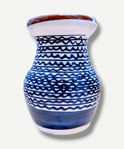 Handmade white Romanian earthenware vase with cobalt-blue geometric waves, 